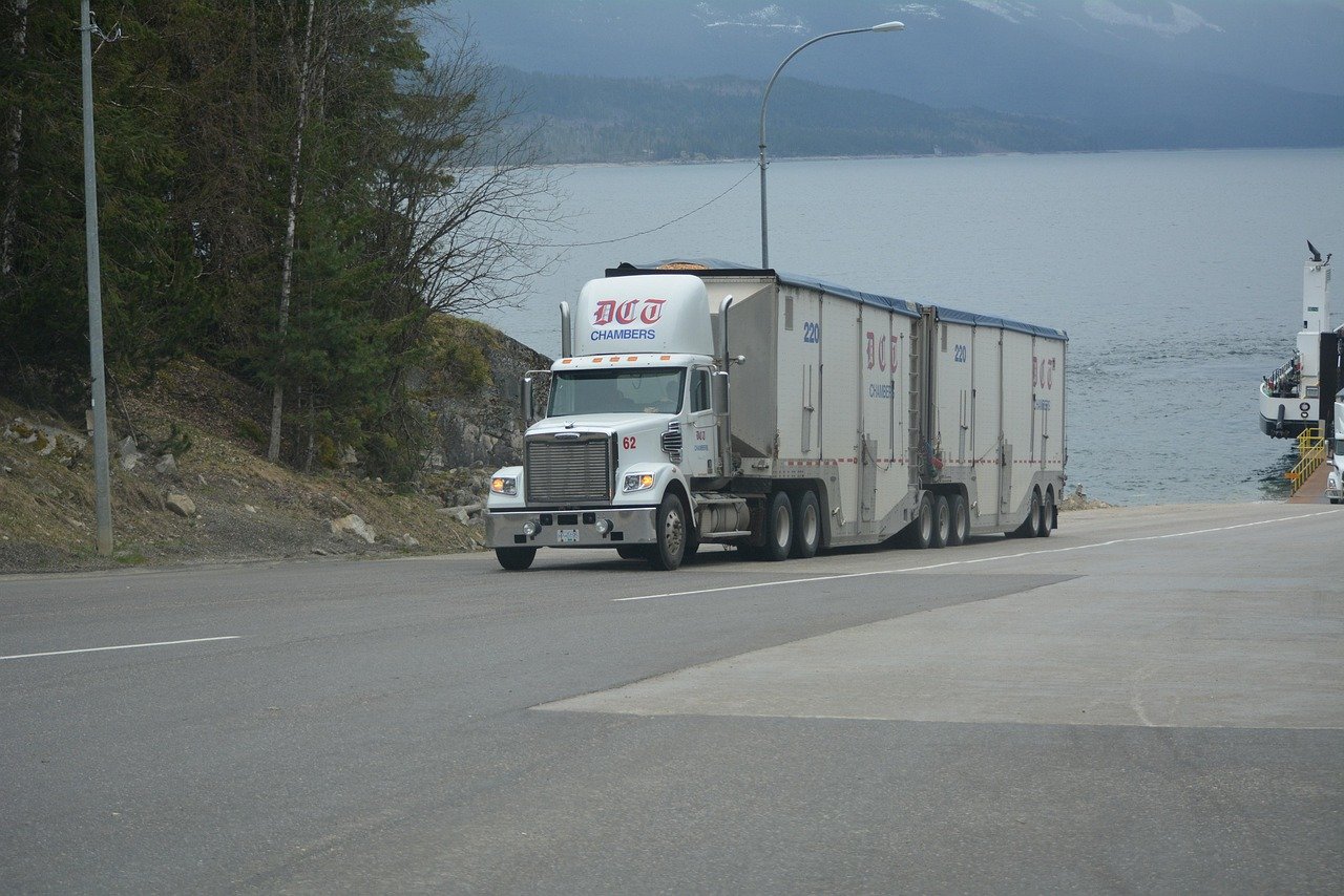 truck, lorry, white truck, cargo truck, big rig, transportation, nature, vehicle, highway, lake, driving, truck drivers, truckers, lorry driver, gray truck